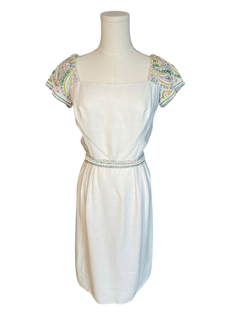Vintage 1960s Pat Sandler for Highlight Beaded Linen Cocktail Dress, White